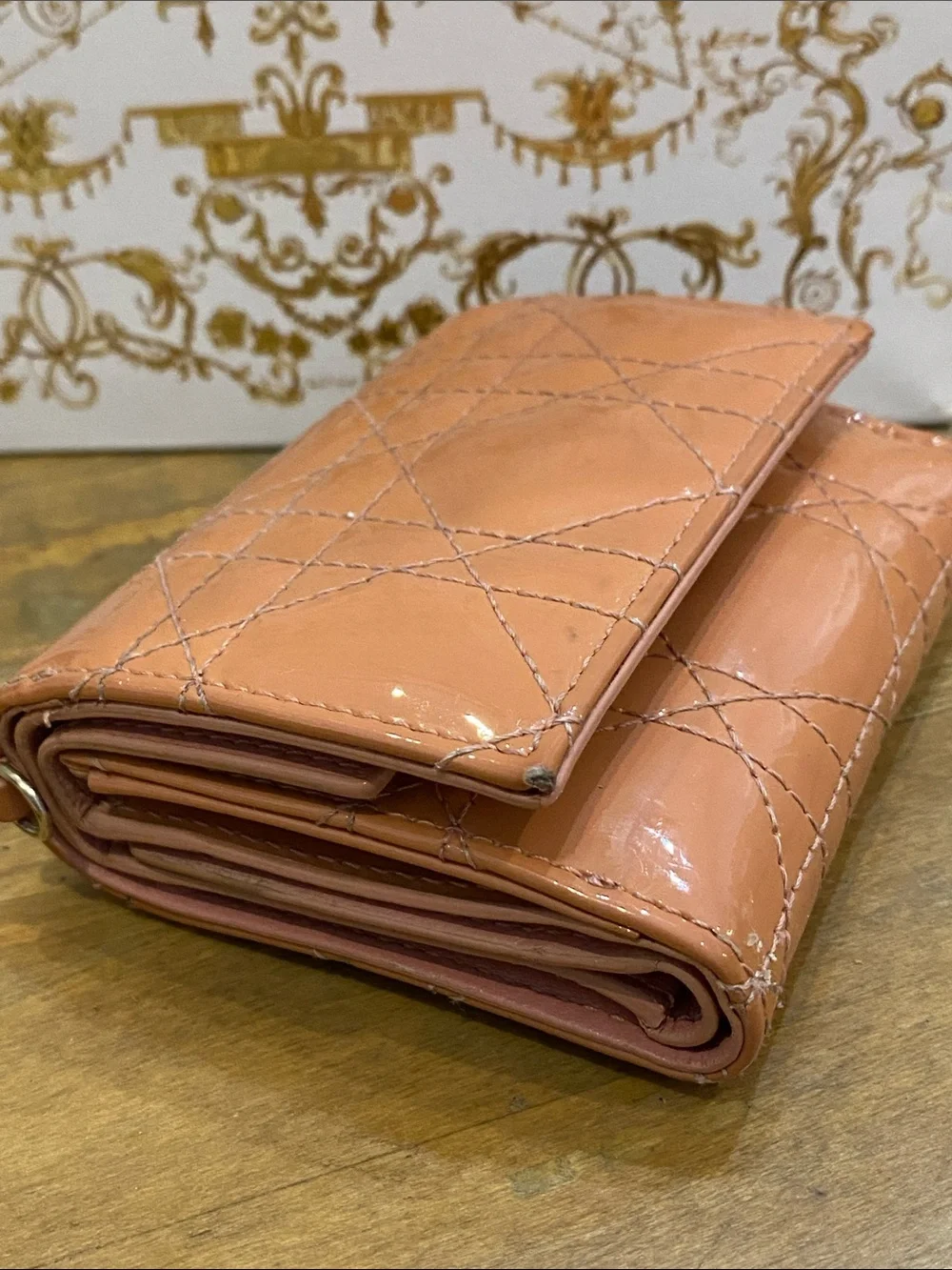 Lady Dior Lotus Quilted Patent Leather Cannage Wallet in Peachy Pink